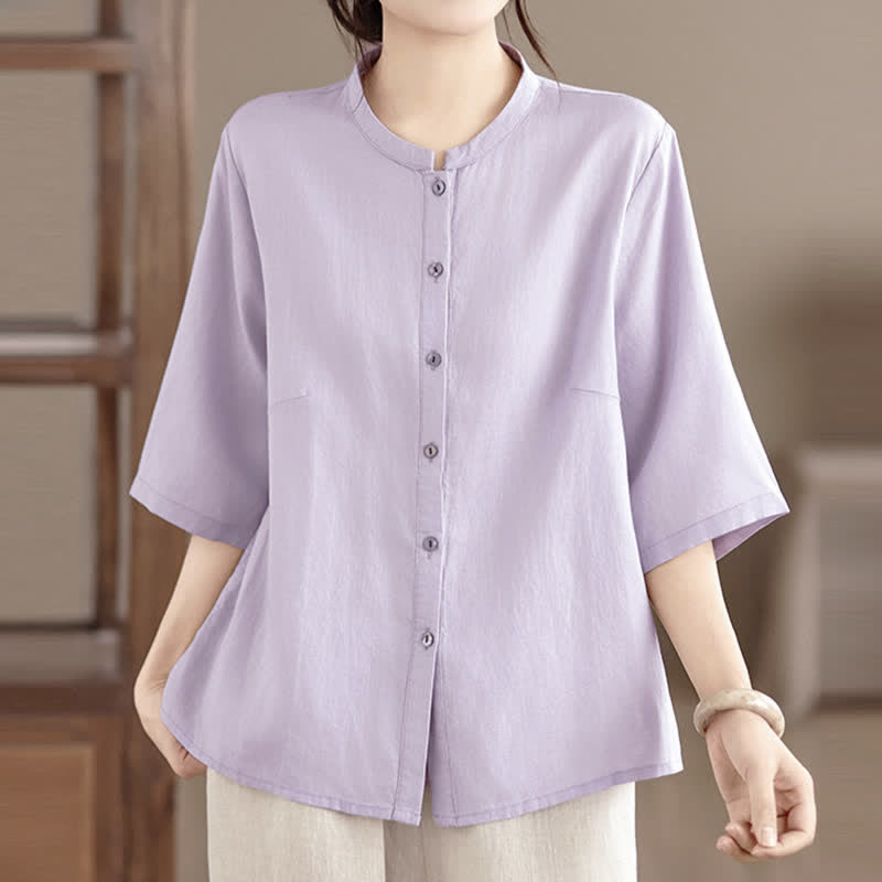 Buddha Stones Summer Minimalist Button-Up Mandarin Collar Side Slit Solid Women's Short Sleeve Shirts - Lavender - US8-10，UK/AU12-14，EU40-42 (2XL) - image 4