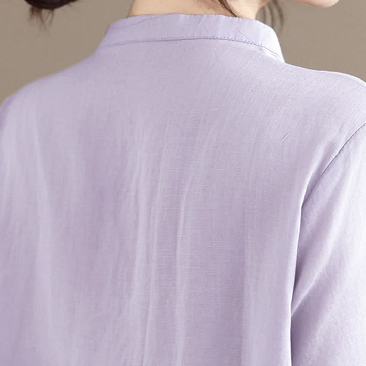 Buddha Stones Summer Minimalist Button-Up Mandarin Collar Side Slit Solid Women's Short Sleeve Shirts - image 6