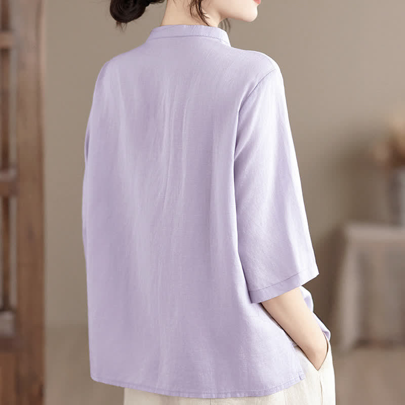 Buddha Stones Summer Minimalist Button-Up Mandarin Collar Side Slit Solid Women's Short Sleeve Shirts - image 5