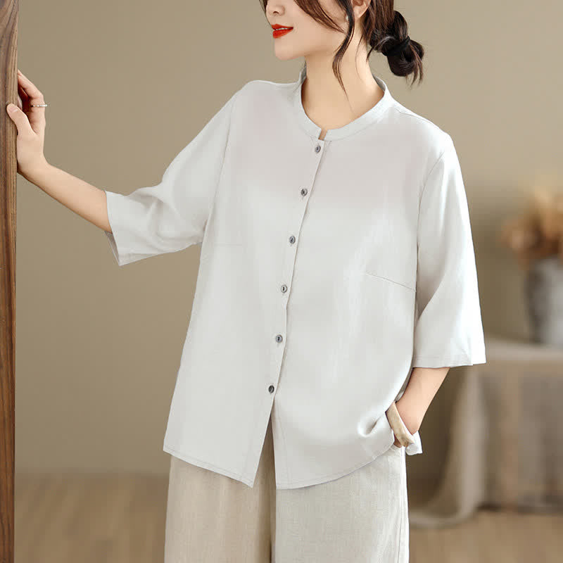 Buddha Stones Summer Minimalist Button-Up Mandarin Collar Side Slit Solid Women's Short Sleeve Shirts - image 19