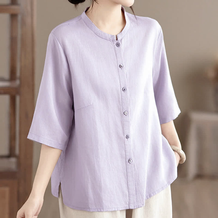 Buddha Stones Summer Minimalist Button-Up Mandarin Collar Side Slit Solid Women's Short Sleeve Shirts - image 10