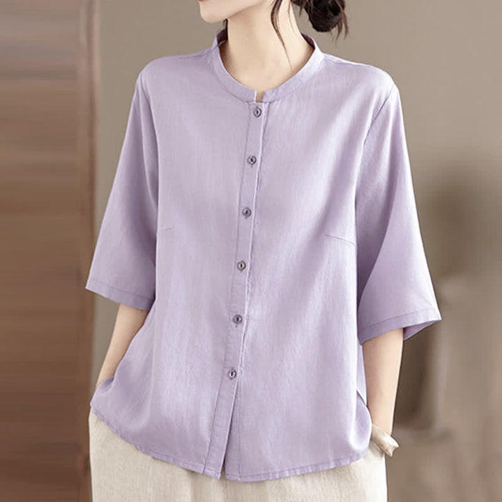 Buddha Stones Summer Minimalist Button-Up Mandarin Collar Side Slit Solid Women's Short Sleeve Shirts - image 7