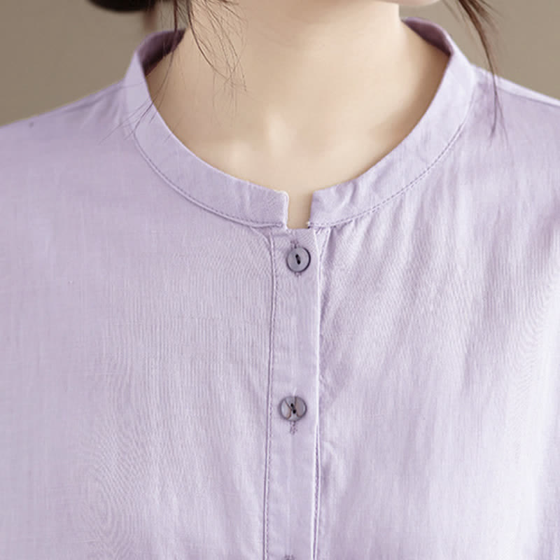 Buddha Stones Summer Minimalist Button-Up Mandarin Collar Side Slit Solid Women's Short Sleeve Shirts - image 13