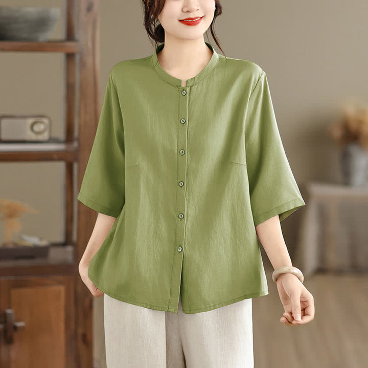 Buddha Stones Summer Minimalist Button-Up Mandarin Collar Side Slit Solid Women's Short Sleeve Shirts - DarkSeaGreen - US8-10，UK/AU12-14，EU40-42 (2XL) - image 0