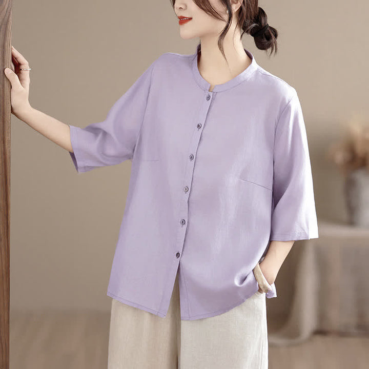 Buddha Stones Summer Minimalist Button-Up Mandarin Collar Side Slit Solid Women's Short Sleeve Shirts - image 8