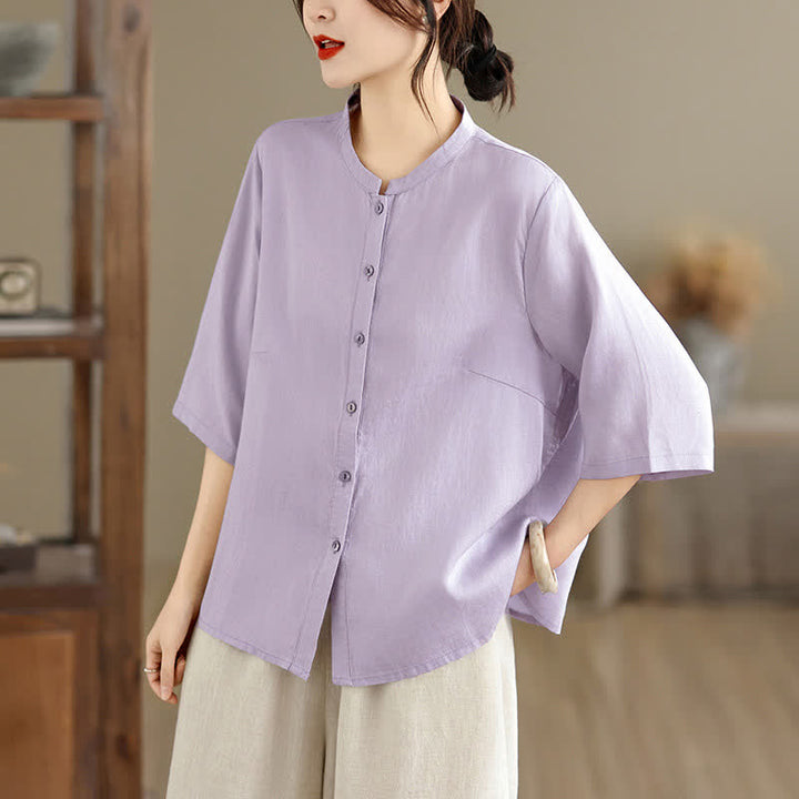 Buddha Stones Summer Minimalist Button-Up Mandarin Collar Side Slit Solid Women's Short Sleeve Shirts - image 11