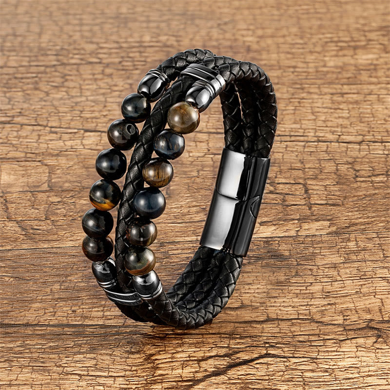 Buddha Stones Tiger Eye Hematite Lava Rock Black Onyx Lazurite Lapis Lazuli Beads Protection Strength Leather Bracelet - Black Tiger Eye - 18-22cm - image 9