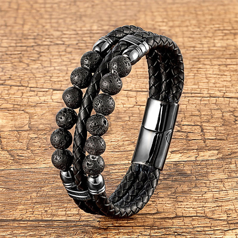 Buddha Stones Tiger Eye Hematite Lava Rock Black Onyx Lazurite Lapis Lazuli Beads Protection Strength Leather Bracelet - Lava Rock - 18-22cm - image 11