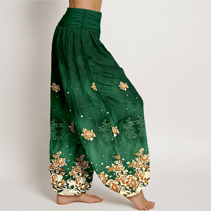 Buddha Stones Pure Cotton Vintage Rose Floral Pattern Women's Elastic Waist Harem Pants - image 2