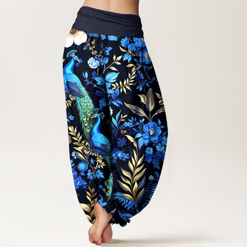 Buddha Stones Pure Cotton Teal Peacock Floral Pattern Women's Elastic Waist Harem Pants - image 1
