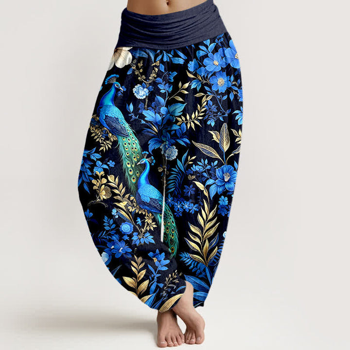 Buddha Stones Pure Cotton Teal Peacock Floral Pattern Women's Elastic Waist Harem Pants - Black - US16，UK/AU20，EU48 (3XL) - image 0