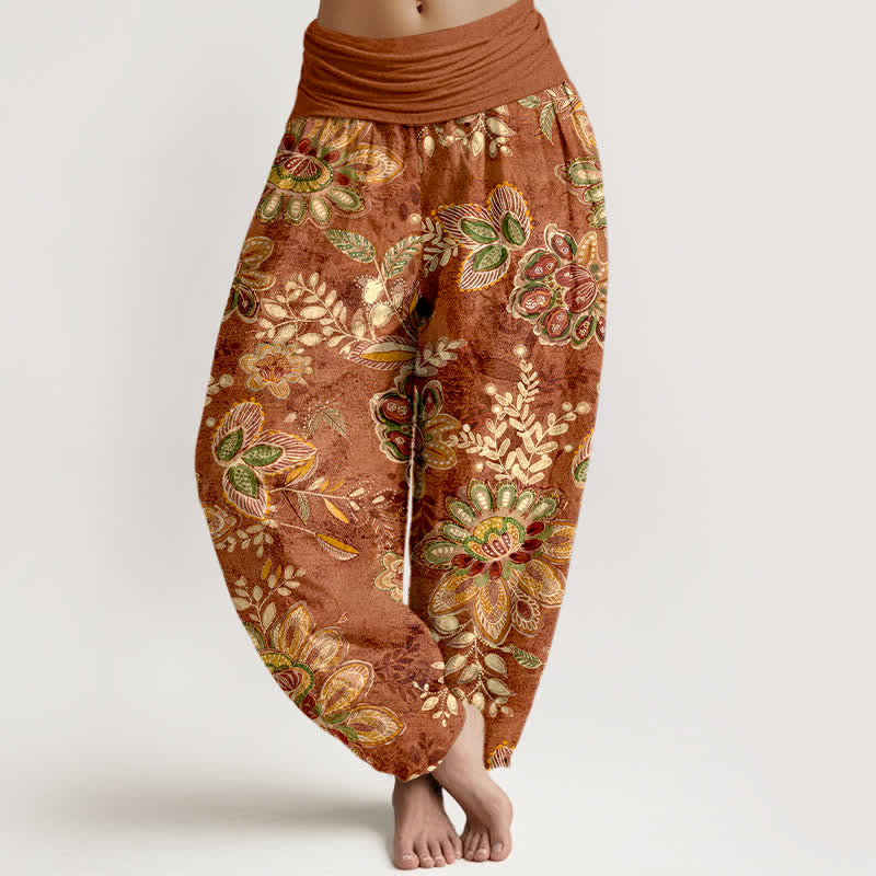 Buddha Stones Pure Cotton Bohemian Floral Leaf Pattern Women's Elastic Waist Harem Pants - Sienna - US16，UK/AU20，EU48 (3XL) - image 0