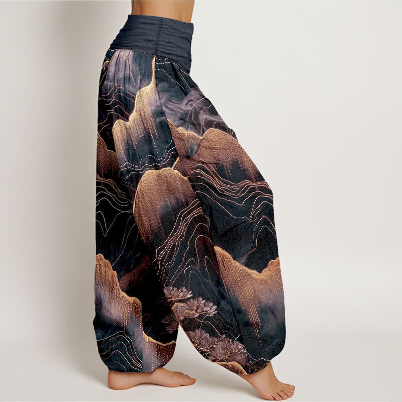 Buddha Stones Pure Cotton Midnight Mountain Gold Line Pattern Women's Elastic Waist Harem Pants - image 7