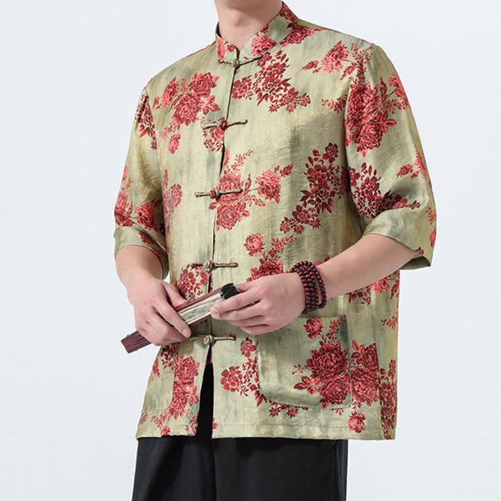 Buddha Stones Summer Tang Style Mandarin Collar Frog Button Floral Print Men's Elbow-Length Sleeve Shirts With Pockets - image 4