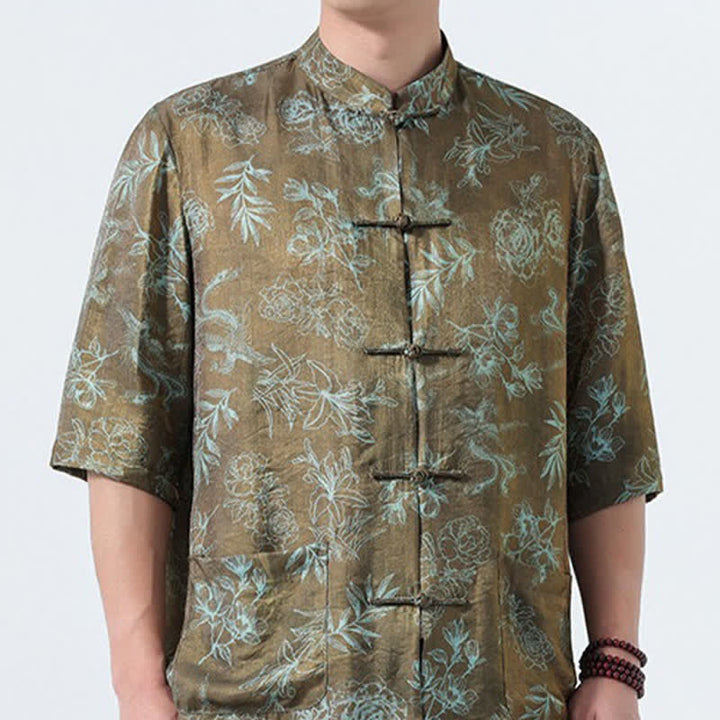 Buddha Stones Summer Tang Style Mandarin Collar Frog Button Floral Print Men's Elbow-Length Sleeve Shirts With Pockets - image 17