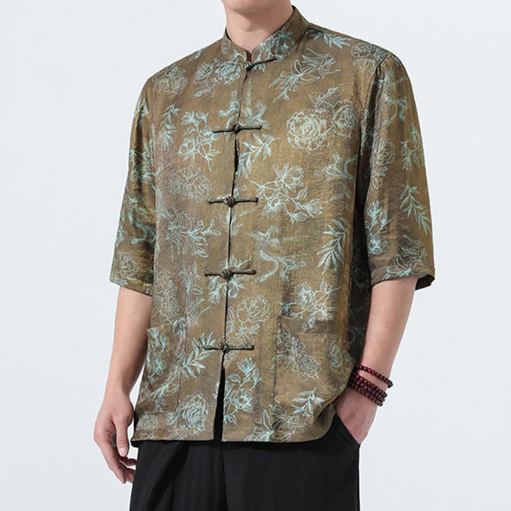 Buddha Stones Summer Tang Style Mandarin Collar Frog Button Floral Print Men's Elbow-Length Sleeve Shirts With Pockets - DarkSeaGreen - US/UK/AU46，EU56 (5XL) - image 11
