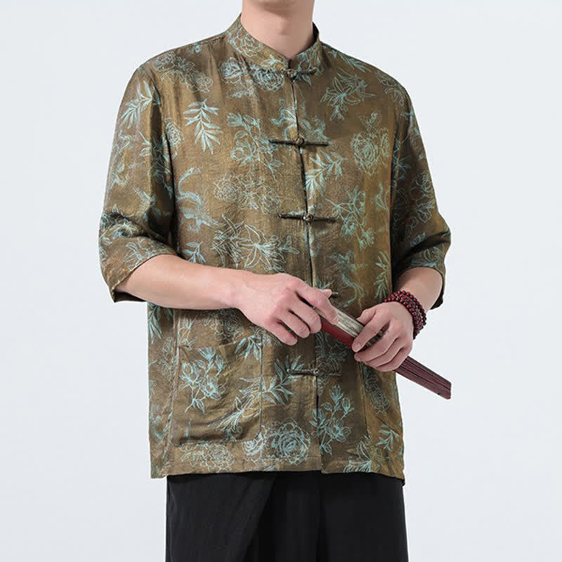 Buddha Stones Summer Tang Style Mandarin Collar Frog Button Floral Print Men's Elbow-Length Sleeve Shirts With Pockets - image 14