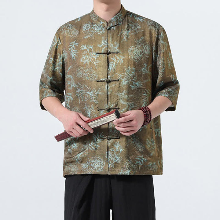 Buddha Stones Summer Tang Style Mandarin Collar Frog Button Floral Print Men's Elbow-Length Sleeve Shirts With Pockets - image 13