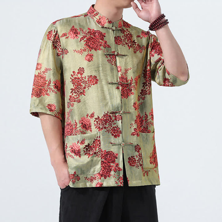 Buddha Stones Summer Tang Style Mandarin Collar Frog Button Floral Print Men's Elbow-Length Sleeve Shirts With Pockets - image 7