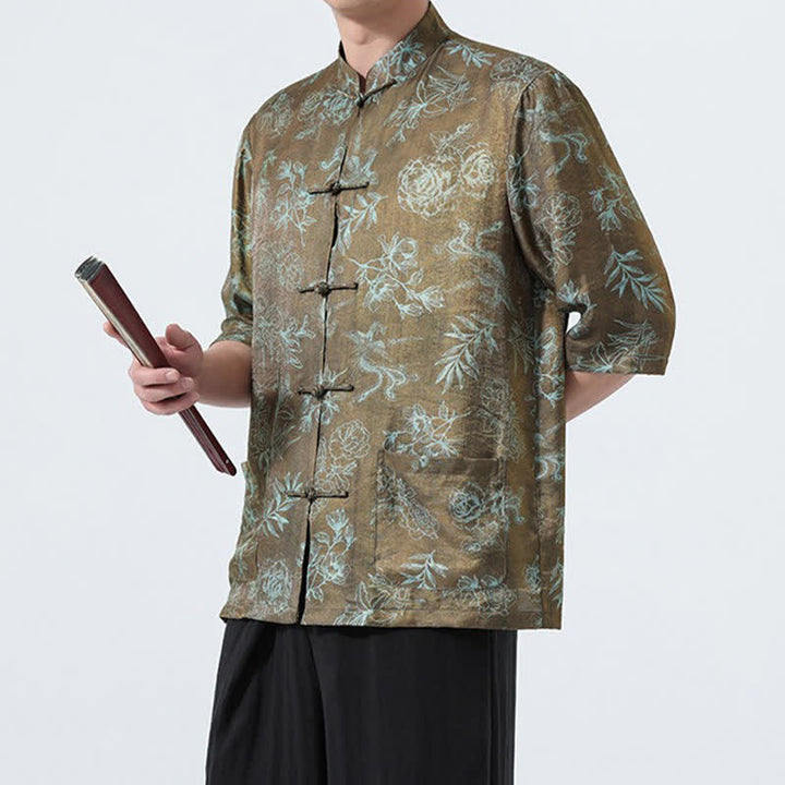 Buddha Stones Summer Tang Style Mandarin Collar Frog Button Floral Print Men's Elbow-Length Sleeve Shirts With Pockets - image 12