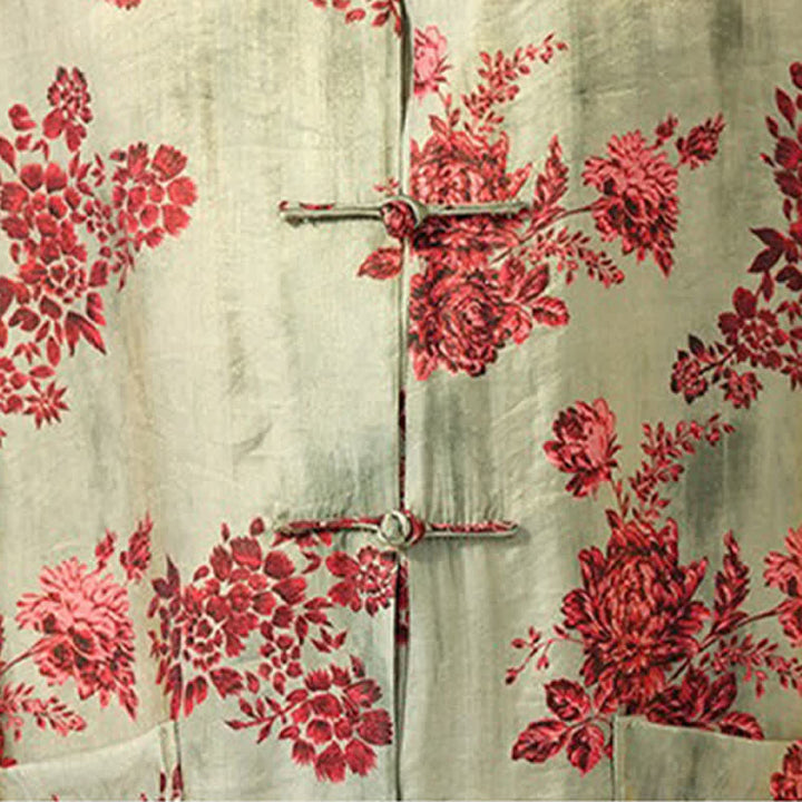 Buddha Stones Summer Tang Style Mandarin Collar Frog Button Floral Print Men's Elbow-Length Sleeve Shirts With Pockets - image 10