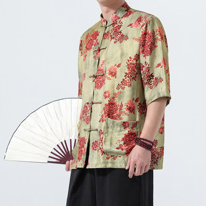 Buddha Stones Summer Tang Style Mandarin Collar Frog Button Floral Print Men's Elbow-Length Sleeve Shirts With Pockets - image 5