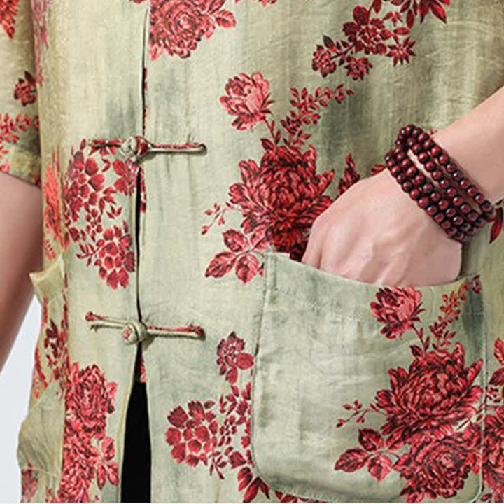 Buddha Stones Summer Tang Style Mandarin Collar Frog Button Floral Print Men's Elbow-Length Sleeve Shirts With Pockets - image 9