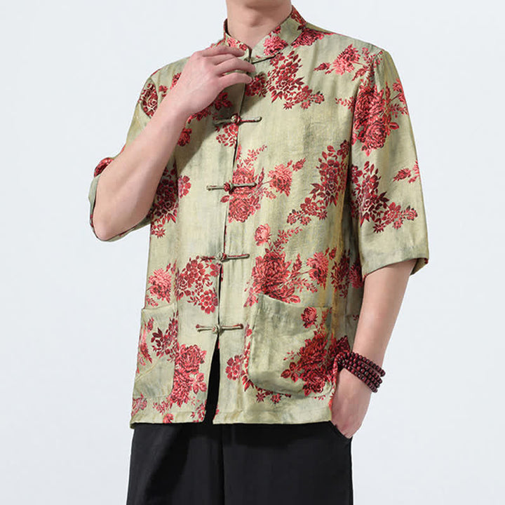 Buddha Stones Summer Tang Style Mandarin Collar Frog Button Floral Print Men's Elbow-Length Sleeve Shirts With Pockets - image 2