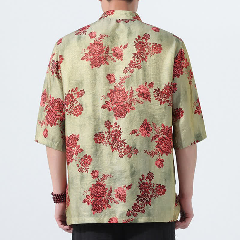 Buddha Stones Summer Tang Style Mandarin Collar Frog Button Floral Print Men's Elbow-Length Sleeve Shirts With Pockets - image 1