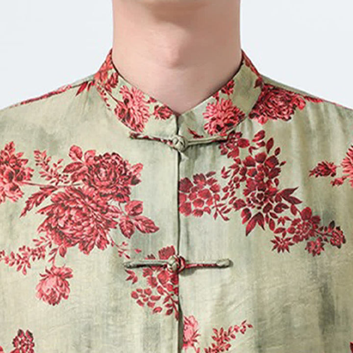 Buddha Stones Summer Tang Style Mandarin Collar Frog Button Floral Print Men's Elbow-Length Sleeve Shirts With Pockets - image 8
