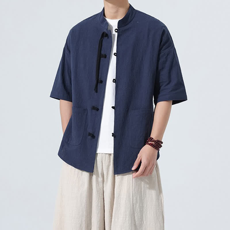 Buddha Stones Summer Casual Mandarin Collar Frog Button Solid Men's Short Sleeve Shirt With Pockets - image 23