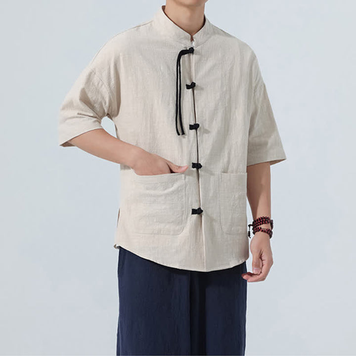 Buddha Stones Summer Casual Mandarin Collar Frog Button Solid Men's Short Sleeve Shirt With Pockets - image 4