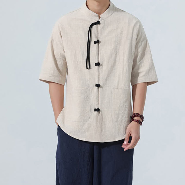 Buddha Stones Summer Casual Mandarin Collar Frog Button Solid Men's Short Sleeve Shirt With Pockets - image 7
