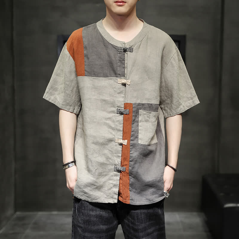 Buddha Stones Summer Vintage Frog Button Patchwork Design Men's Short Sleeve Shirt - image 2