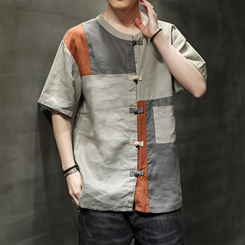Buddha Stones Summer Vintage Frog Button Patchwork Design Men's Short Sleeve Shirt - image 8