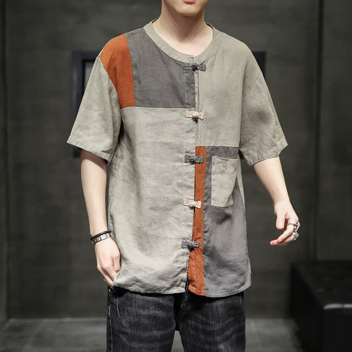 Buddha Stones Summer Vintage Frog Button Patchwork Design Men's Short Sleeve Shirt - image 5