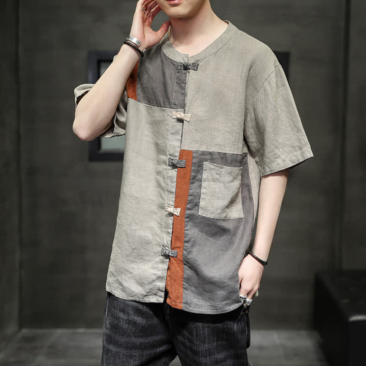 Buddha Stones Summer Vintage Frog Button Patchwork Design Men's Short Sleeve Shirt - image 1