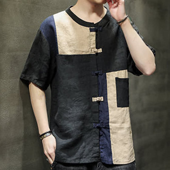 Buddha Stones Summer Vintage Frog Button Patchwork Design Men's Short Sleeve Shirt - image 11