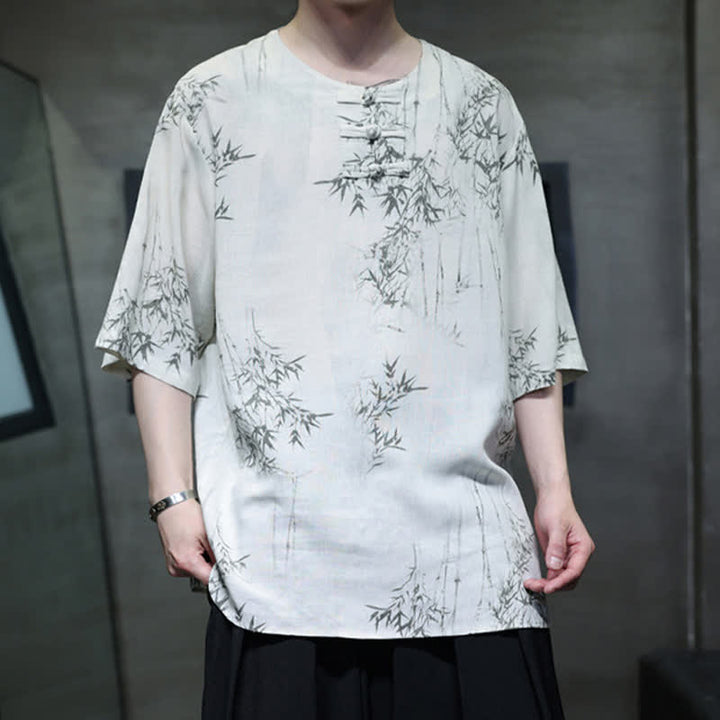 Buddha Stones Summer Tang Style Frog Button Bamboo Print Cotton Linen Men's Short Sleeve Shirt - image 2