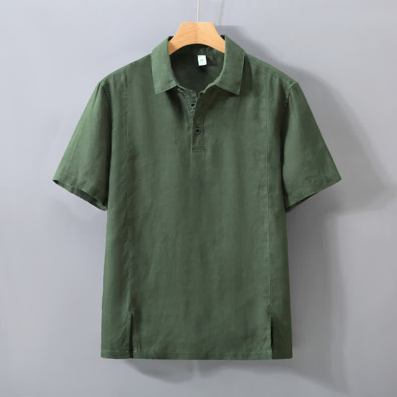 Buddha Stones Summer Minimalist Button-Up Side Slit Solid Linen Men's Short Sleeve Shirt - OliveDrab - US/UK/AU42，EU52 (3XL) - image 10