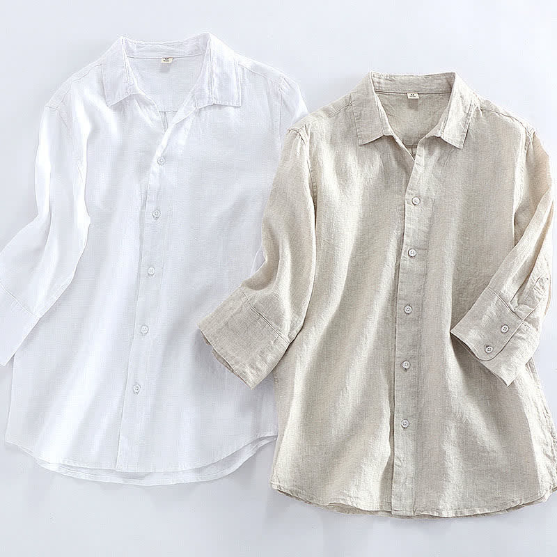 Buddha Stones Spring Minimalist Button-Up Solid Linen Men's Three-Quarter Sleeve Shirt - image 9