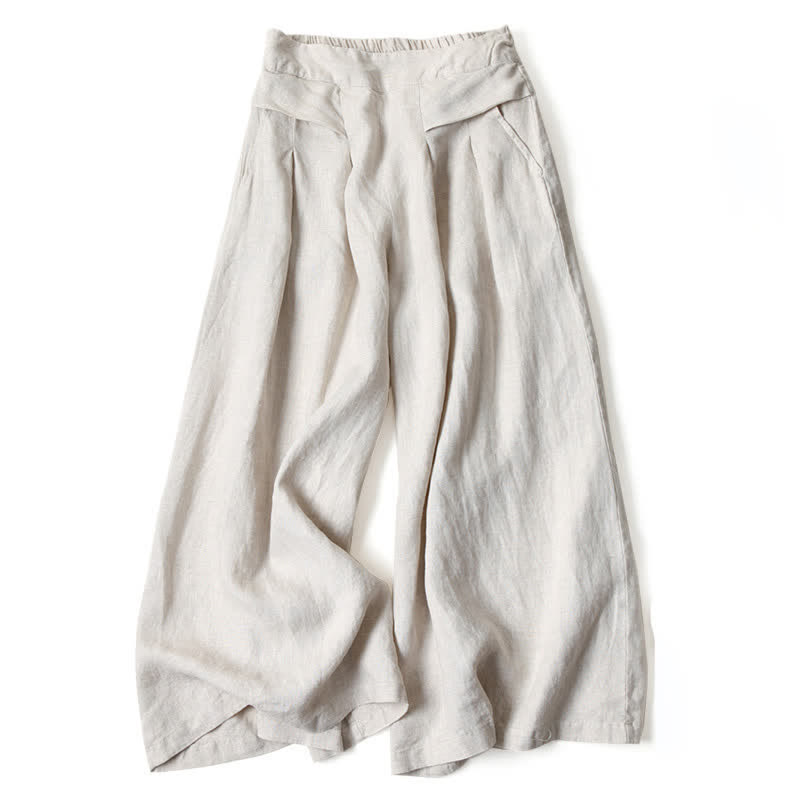 Buddha Stones Plain Color Cotton Linen High Waist Women's Wide Leg Pants With Pockets - image 14