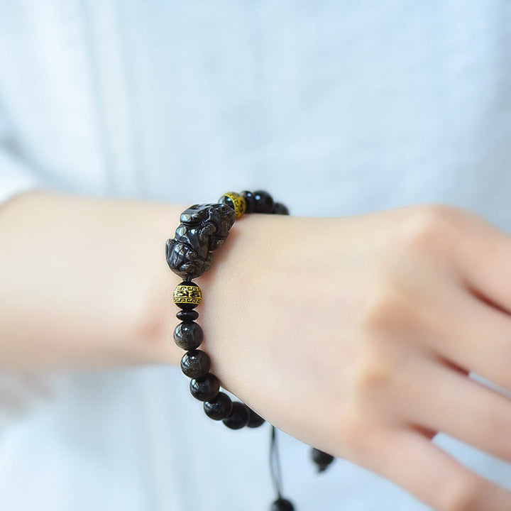 Buddha Stones Natural Gold Sheen Obsidian PiXiu Om Mani Padme Hum Protection Rope Bracelet - image 4