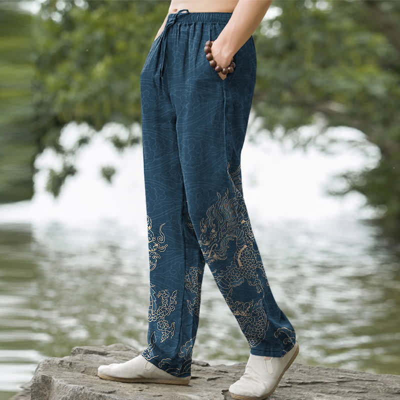 Buddha Stones Cotton Golden Dragon Clouds Pattern Men's Tapered Pants With Pockets - image 7