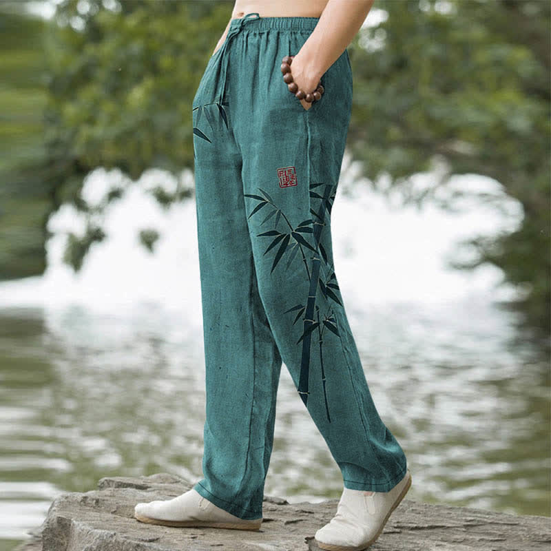 Buddha Stones Cotton Bamboo Leaves Ink Pattern Men's Tapered Pants With Pockets - image 5