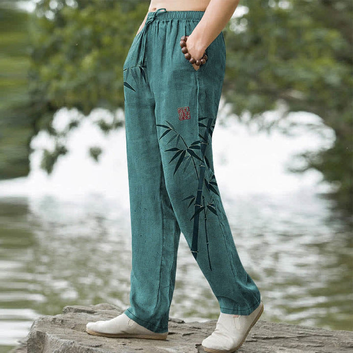 Buddha Stones Cotton Bamboo Leaves Ink Pattern Men's Tapered Pants With Pockets - image 5