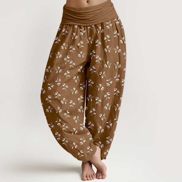 Buddha Stones Cotton Ditsy White Floral Pattern Women's Elastic Waist Harem Pants - SaddleBrown - US16，UK/AU20，EU48 (3XL) - image 0