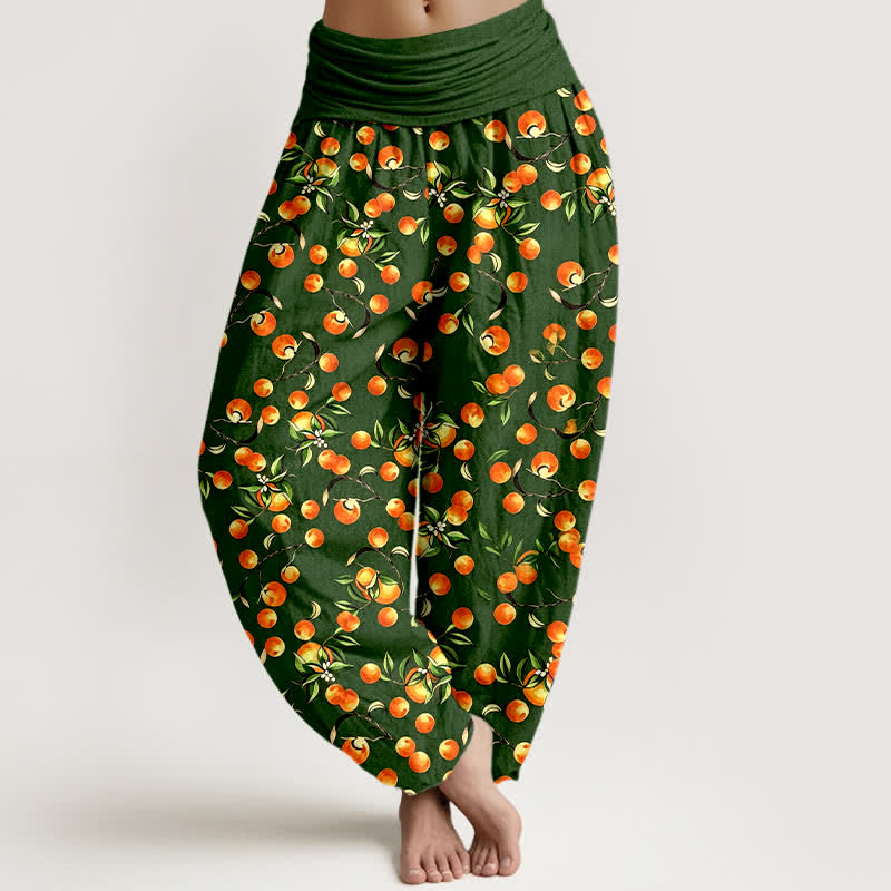Buddha Stones Pure Cotton Mandarin Fruit Leaf Pattern Women's Elastic Waist Harem Pants - ForestGreen - US16，UK/AU20，EU48 (3XL) - image 0