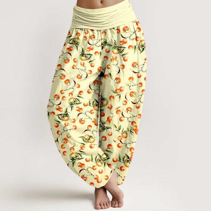 Buddha Stones Pure Cotton Mandarin Fruit Leaf Pattern Women's Elastic Waist Harem Pants - LemonChiffon - US16，UK/AU20，EU48 (3XL) - image 6
