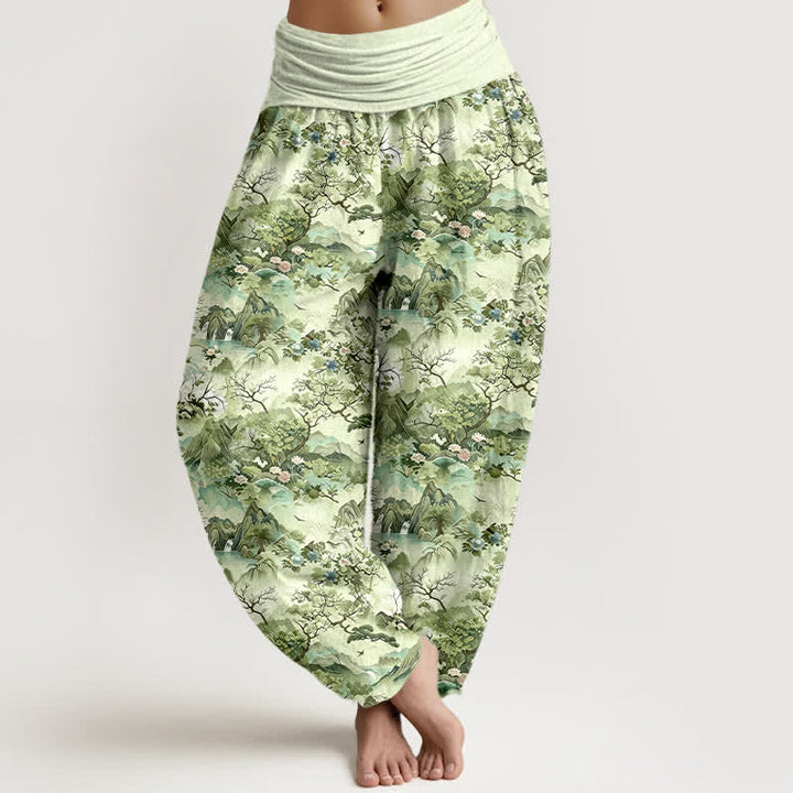 Buddha Stones Cotton Oriental Landscape Pattern Women's Elastic Waist Harem Pants - PaleGreen - US16，UK/AU20，EU48 (3XL) - image 6